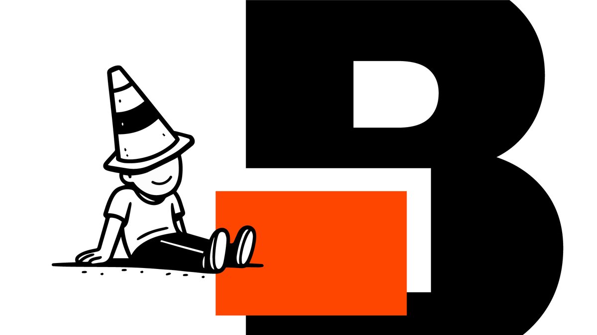 Character with a traffic cone on its head, sitting next to the Boredrawr B